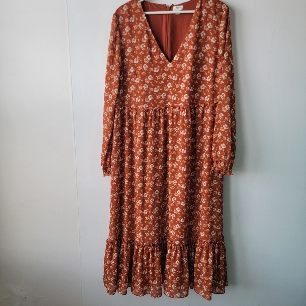 J.crew women's Crinkle midi flounce dress size L Floral Lined long sleeve AR982